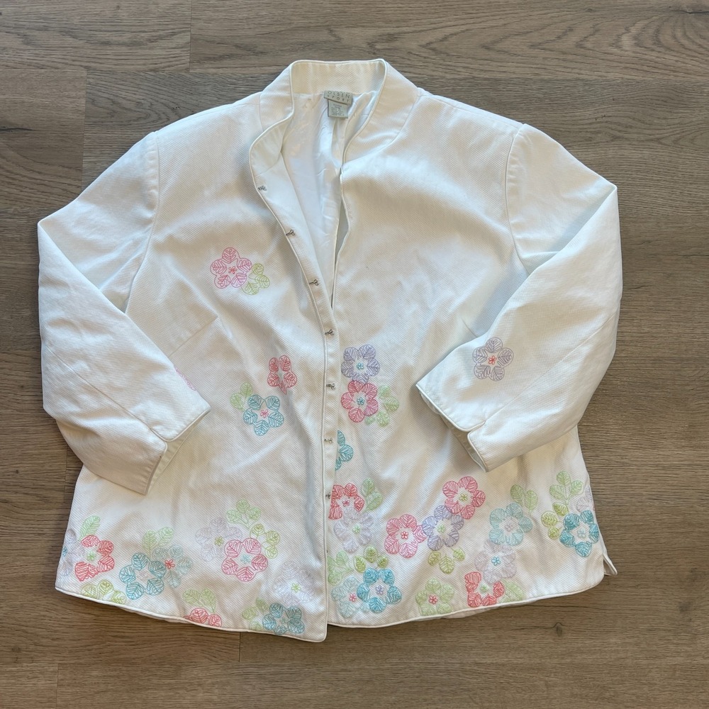 Sigrid Olsen Sport Womens 16W White Floral Embroidered Jacket Hook Closure